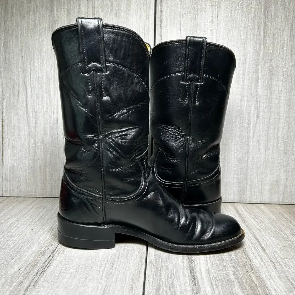 Justin Black Leather Round Toe Cowboy Boots Western Rodeo Youth Girls Size 4